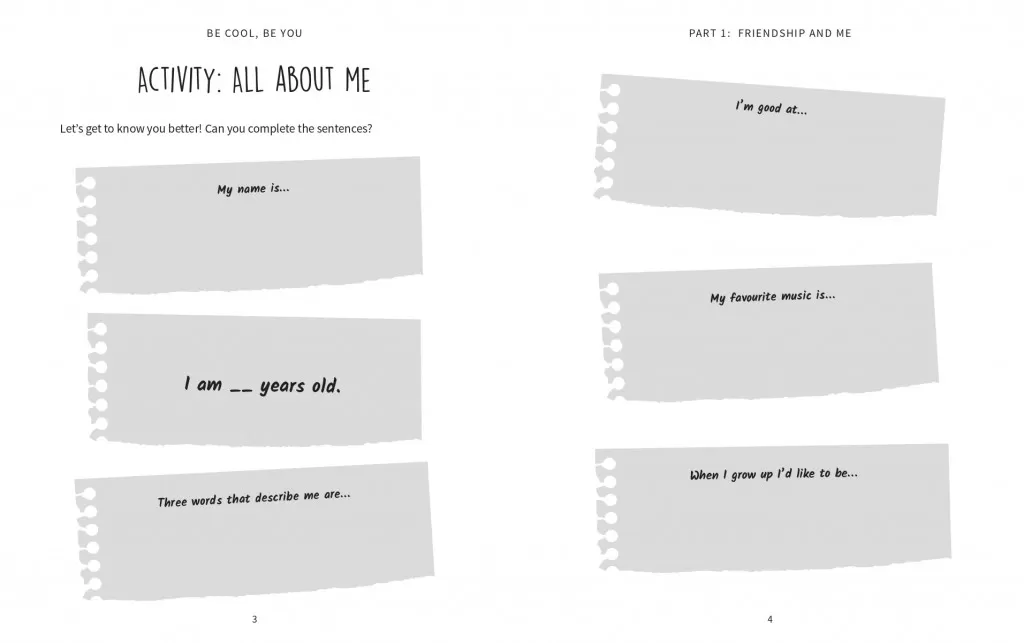 A spread from the book Be Cool, Be You that invites the reader to add in some personal info
